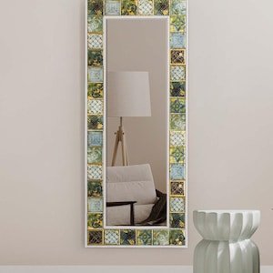 Handmade Pine Framed Wall Mirror with Ceramic Tiles - 60x148 cm