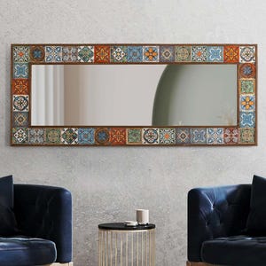 Handmade Ceramic Tile Wall Mirror: Boho Home Decor, Natural Wood Frame (62x149 cm)
