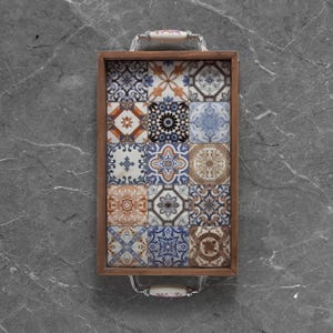 Handmade Wooden Serving Tray with Ceramic Tile Mosaic – Rustic Decorative Kitchen & Home Decor