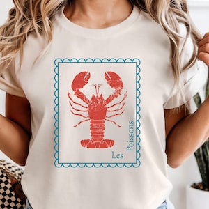 Komfortfarben Hummer T-Shirt, Les Poissons, französisches Küsten-T-Shirt, Distressed Shirt, übergroße Coquette Ästhetik, nautischer Stil