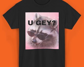 Funny Raccoon Shirt, Are U Gay? Sarcastic Meme Graphic Humor Tee Inappropriate Shirt Gift for Him Unexpected Office Shirt Peeking Raccoon