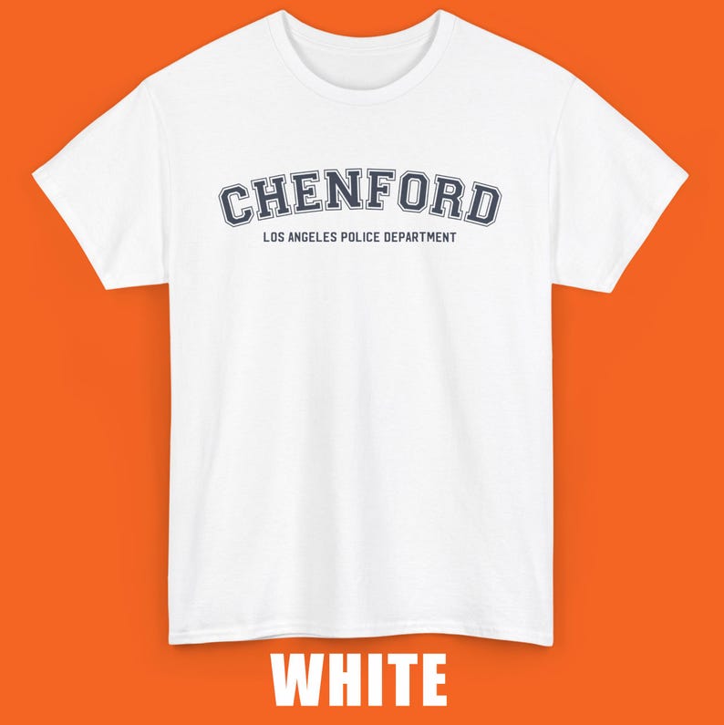 May include: White t-shirt with a navy blue "Chenford" graphic and the text "Los Angeles Police Department" underneath.