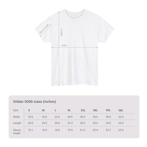 May include: Size chart for Gildan 5000 t-shirts in inches, showing width, length, and sleeve length measurements for sizes S through 5XL.