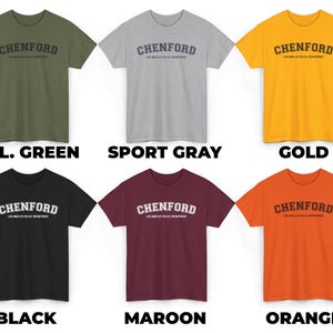May include: Six t-shirts in different colors, each with the text "CHENFORD LOS ANGELES POLICE DEPARTMENT" printed in a white arch across the front. The colors are military green, sport gray, gold, black, maroon, and orange.