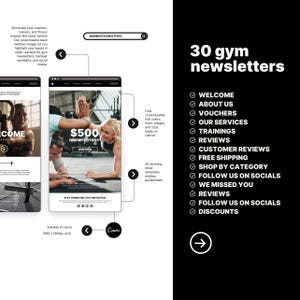 May include: A set of 30 customizable gym newsletter templates in Canva. The templates feature images of people working out and text that says "$500 Voucher Giveaway".
