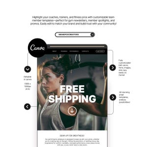 May include: A website screenshot for Canva, a graphic design platform, featuring a woman working out with the text "FREE SHIPPING" in large, bold letters. The website also includes the text "GEAR UP FOR GREATNESS!" and a description of the benefits of using Canva.