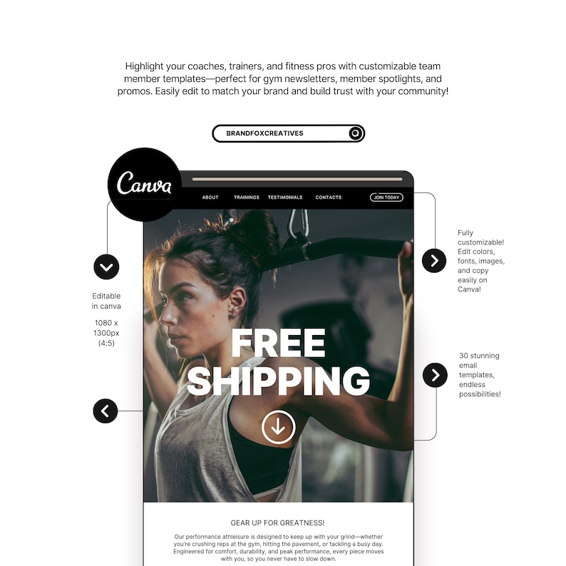 May include: A website screenshot for Canva, a graphic design platform, featuring a woman working out with the text "FREE SHIPPING" in large, bold letters. The website also includes the text "GEAR UP FOR GREATNESS!" and a description of the benefits of using Canva.