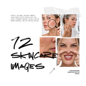 Puede incluir: Una colección digital de 72 imágenes de cuidado de la piel con fotografías de personas examinando la textura de la piel con una lupa, aplicando tratamientos y tocándose el rostro. El texto dice 72 SKINCARE IMAGES.