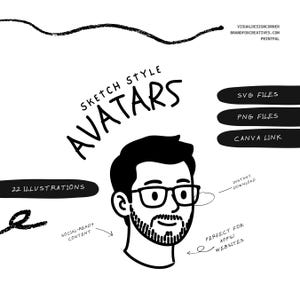 May include: A black and white digital graphic featuring a sketch style avatar of a person with glasses and a beard. The text reads SKETCH STYLE AVATARS, 22 ILLUSTRATIONS, SVG FILES, PNG FILES, CANVA LINK, INSTANT DOWNLOAD, SOCIAL-READY CONTENT, and PERFECT FOR APPS/WEBSITES.