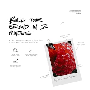 以下が含まれることがあります： BUILD YOUR BRAND IN 2 MINUTESおよびWITH 57 RASPBERRY IMAGES READY-TO-USE VISUALS MADE FOR EASY REBRANDINGというテキストが記載されたデジタルマーケティンググラフィック。黒いバインダークリップで留められた赤いラズベリーのポラロイド風写真。