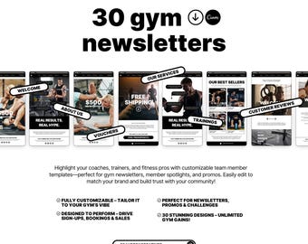 Plantilla de boletín informativo para gimnasios / 30 diseños de correo electrónico de Canva impactantes para entrenadores de fitness y gimnasios / Descarga digital