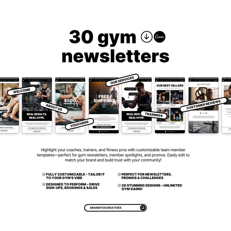 May include: A collection of 30 customizable gym newsletter templates. The templates feature images of people working out, text about gym services, and a call to action to sign up for a free newsletter. The templates are designed to help gyms promote their services and build trust with their community.