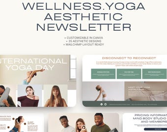 Plantilla de boletín informativo de yoga y bienestar / 35 diseños de correo electrónico editables en Canva / Descarga digital para marketing consciente