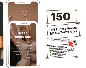 Plantillas de Instagram para estudios de pilates / 150 publicaciones de fitness en Canva (16:9)