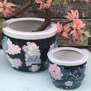 Ensemble de 2 jardinières florales en céramique de pots de bonsaï chinois en bleu rose
