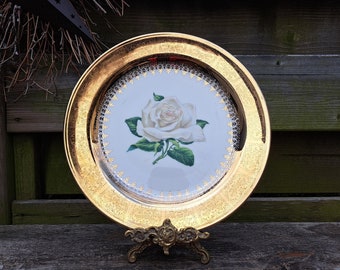 White Pink Rose Decorative 22K Gold Rim Plate by Nautilus