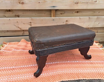 Antique Footstool Ottoman Nail Trim Brown