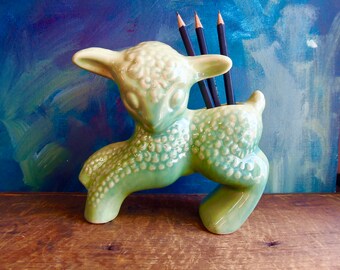 Vintage Lamb Planter Green Ceramic Animal Statue