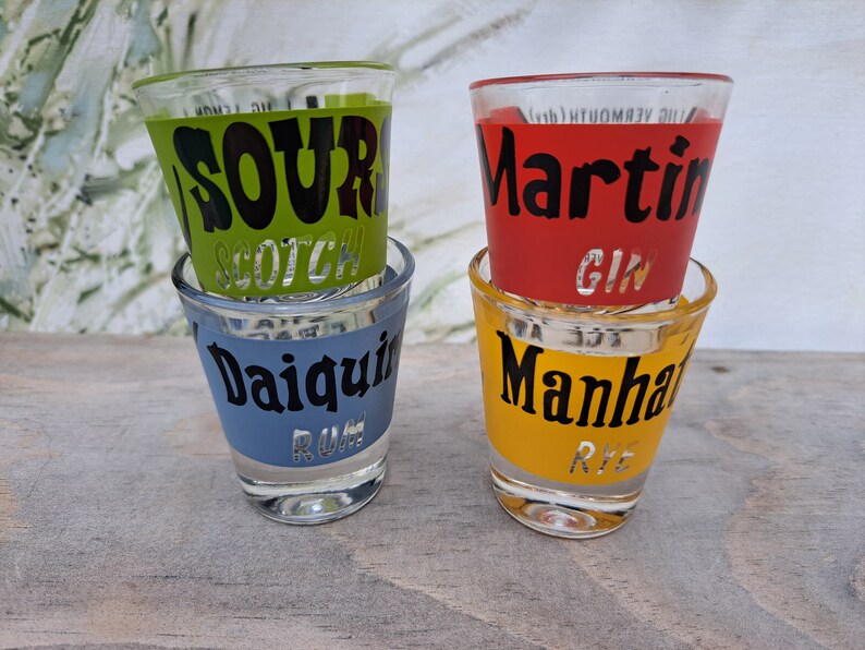 Mid Century Colorful Set of 4 Liquor Shot Glasses Sours Manhattan