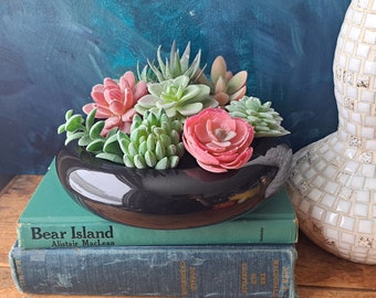 Ceramic Low Round Black Planter Footed- plants not included