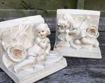 Victorian Shabby Flower Girls on Books Chalkware Bookends