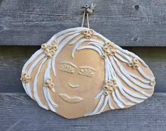 Pottery Mermaid Girl Face Floral Wall Pocket