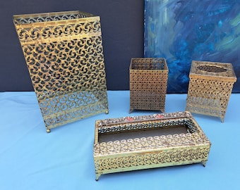 Mid Century Gold Filigree Tissue Vanity Set