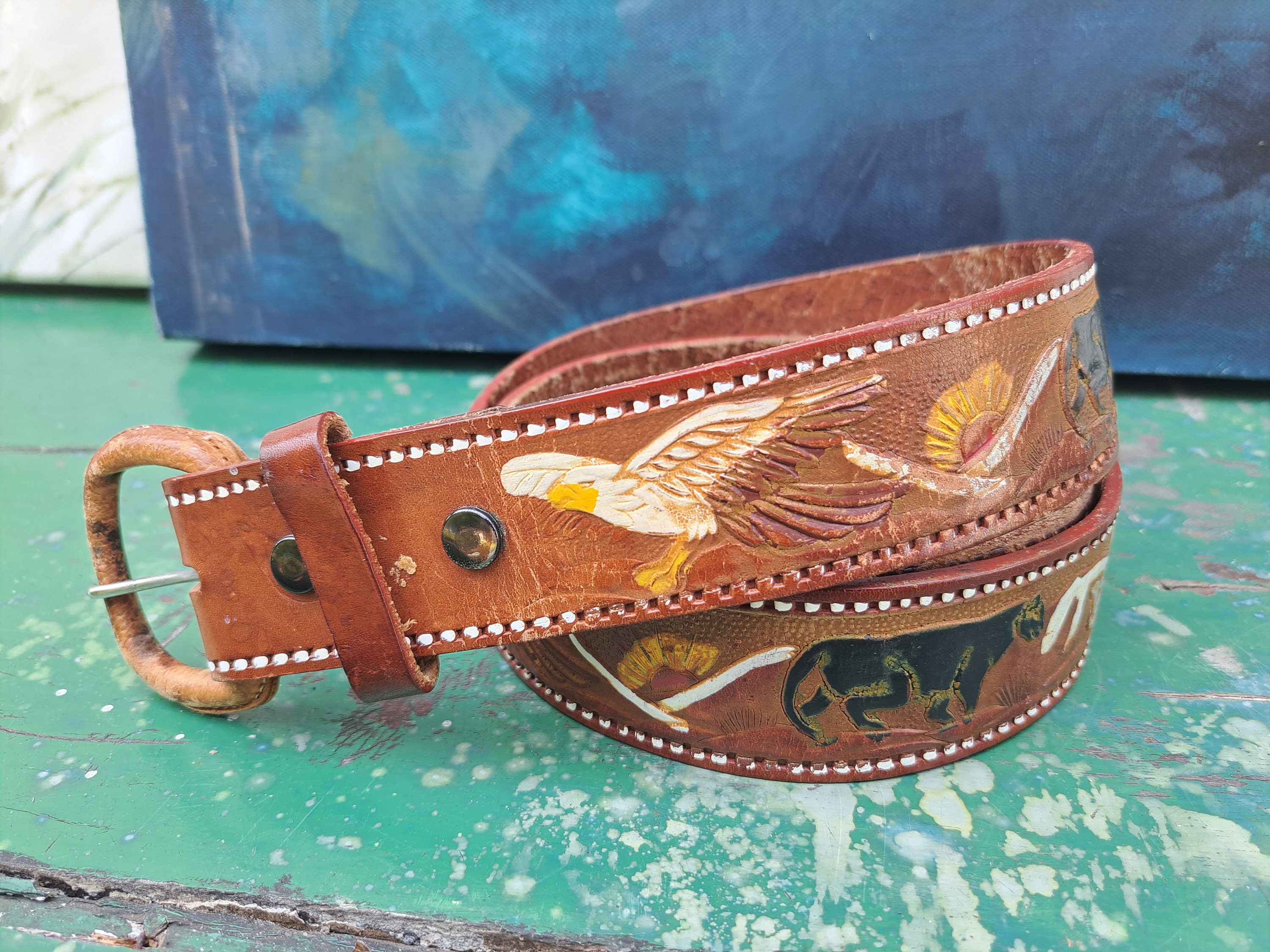 Southwestern Dark Brown Faux Leather Bronze Tribal Owl Buckle Statement Belt Owl Leather Belt - Etsy main image 3