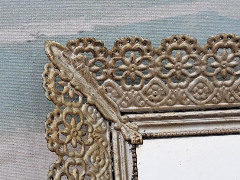 Rustic Vanity Mirror Tray Silver Tone Metal Filigree 16 x 11 Read description image 2