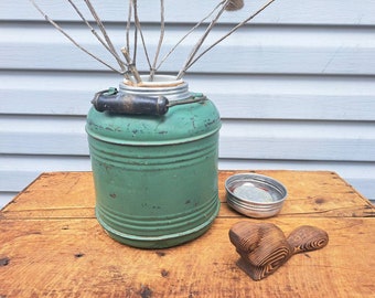 Vtg Green Vase Metal Water Cooler Porcelain with Wood Handle Thermos Jug