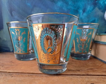 Set of 3 Gold Turquoise Peacock Flower Lowball Glasses