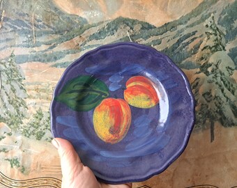 Hand Painted Peaches Blue Dessert Plate Sara Italy