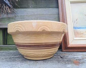 Yellow ware Bowl Brown Stripe Chippy Crazed 10 Inch Stoneware