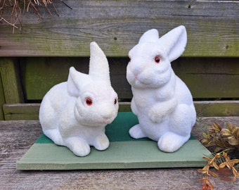 Aged White Flocked Bunny Rabbits Pair