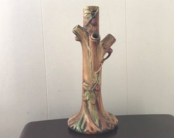 Weller Woodcraft Pottery Apple Tree 5 hole Vase, 10 inch, stamped