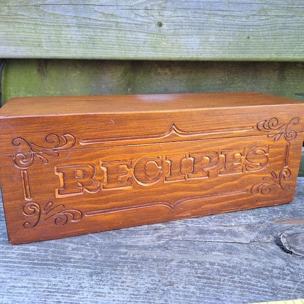 Carved Wood Long Recipe Box Holder