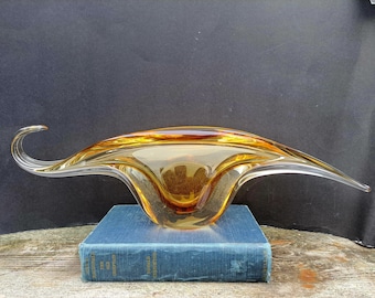 Stretch Art Glass Amber Console Bowl 20 Inch Long - Lorraine