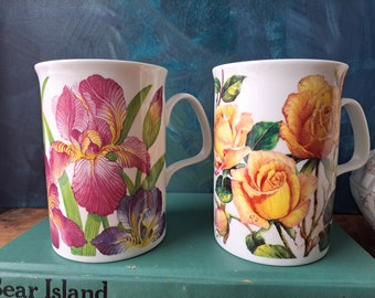 2 Mugs Roy Kirkham Iris and English Rose Flower Bone China Cups 1992