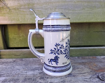 Vintage German Beer Stein Pewter Lid, Bavarian Crest Saying (18 oz)
