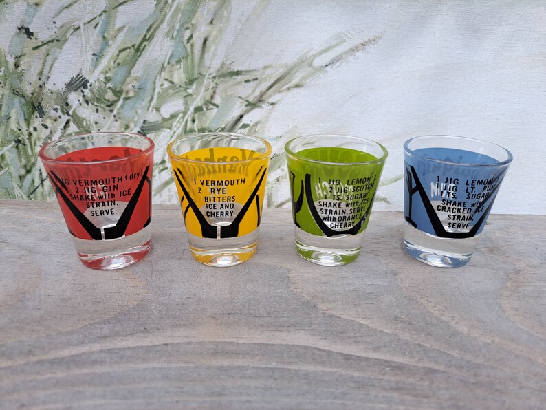 Mid Century Colorful Set of 4 Liquor Shot Glasses Sours Manhattan