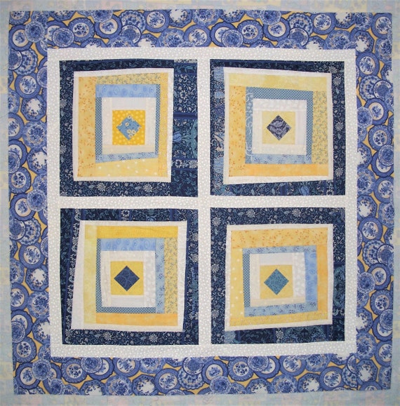 Wacky Log Cabin Block Variation Quilt Top Scrappy Blues Etsy