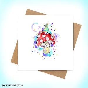 Happy magical mushroom celebration greetings card