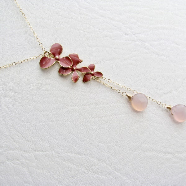 Mauve Pink Chalcedony Drop Y Necklace 14k Gold Filled, Rose Plum Red Orchid Pendant, Layering Wire Wrap Gemstone, Dainty Gift For Women Mom