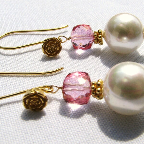 Pink Topaz Earrings, White Pearl Earrings, 24k Gold Vermeil Rose Earrings, Luxe Topaz Earrings, Holiday Gift For Her on SALE