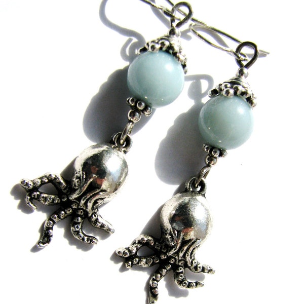 SALE! Amazonite Earrings, Mini Octopus Earrings, Natural Aqua Gemstone Earrings, Sterling Silver Jewelry, Handcrafted Unique Gift For Her