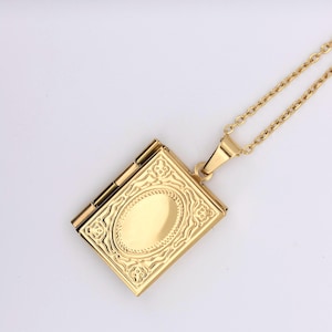 Engraved Gold Book Locket Necklace: Vintage Photo Pendant