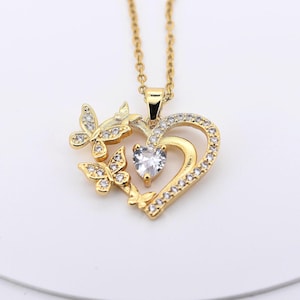 Stainless Steel Heart Pendant Necklace, 18k Gold Plated with CZ Stones, Heart Shaped Jewelry, Elegant Gift, Golden Heart Charm Necklace,