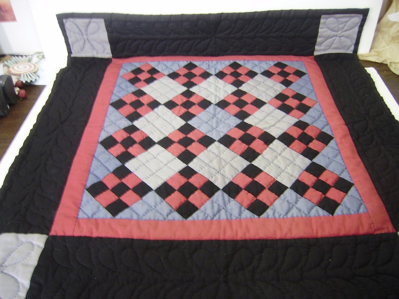 Amish Style Hand Quilted Wall Hanging Quilt 28 by 28 Black Blue Red