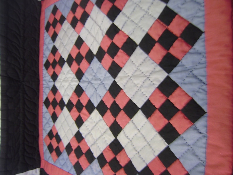 Amish Style Hand Quilted Wall Hanging Quilt 28 by 28 Black Blue Red