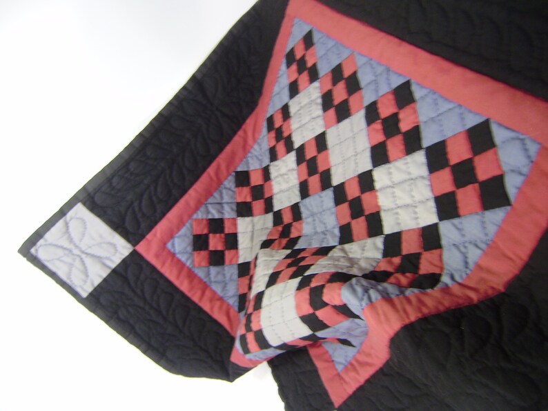 Amish Style Hand Quilted Wall Hanging Quilt 28 by 28 Black Blue Red